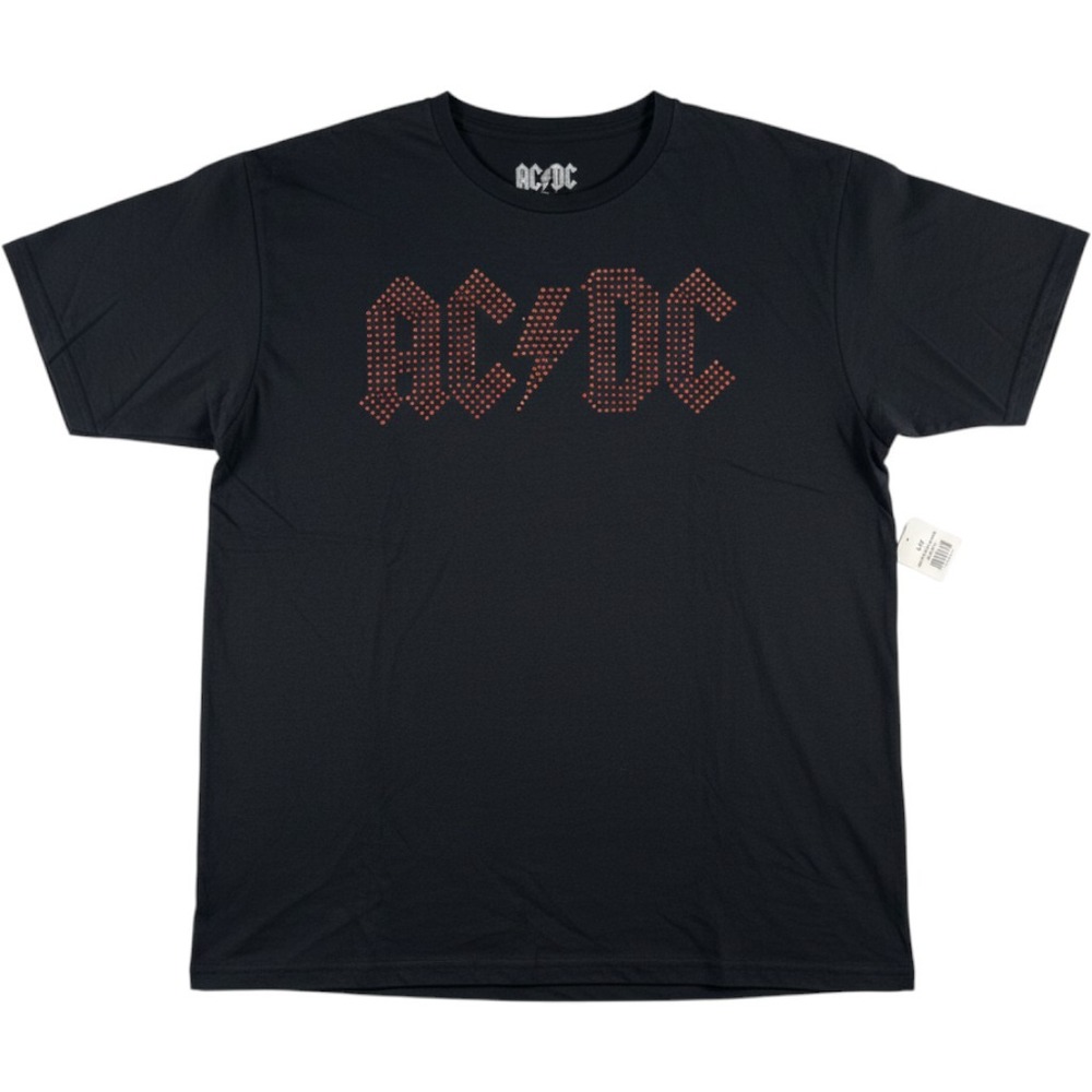 AC DC Mens Large Band Shirt Black Red Studded Logo Short Sleeve Rock Tee NEW